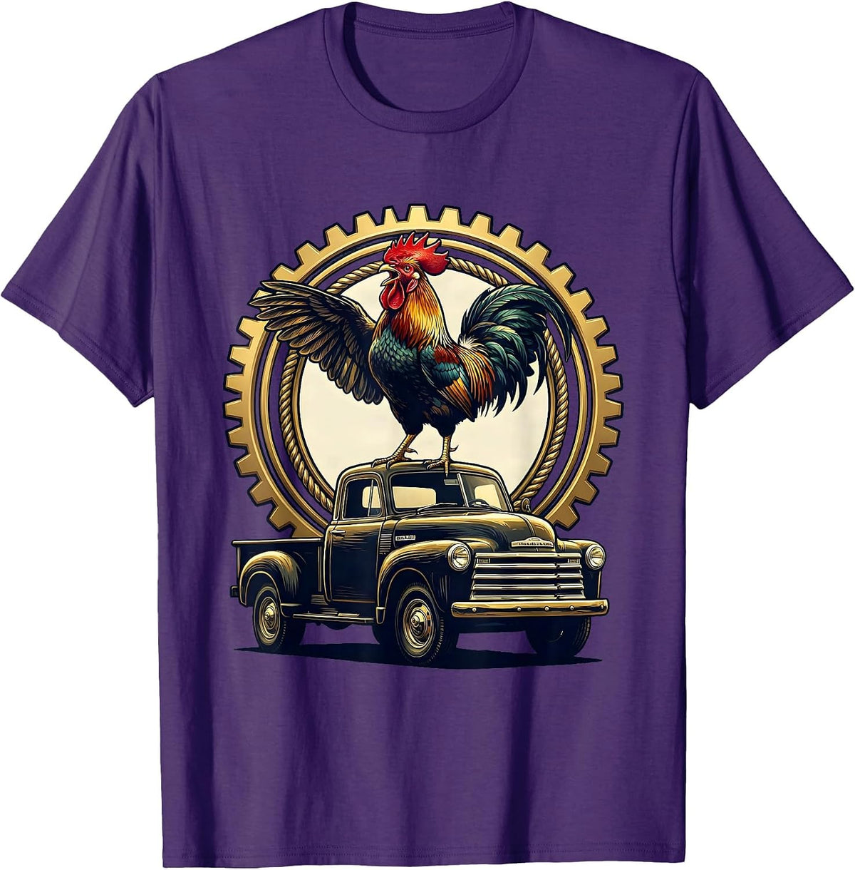 Men's Rooster Crowing Atop Old Pickup Truck T-Shirt - Purple