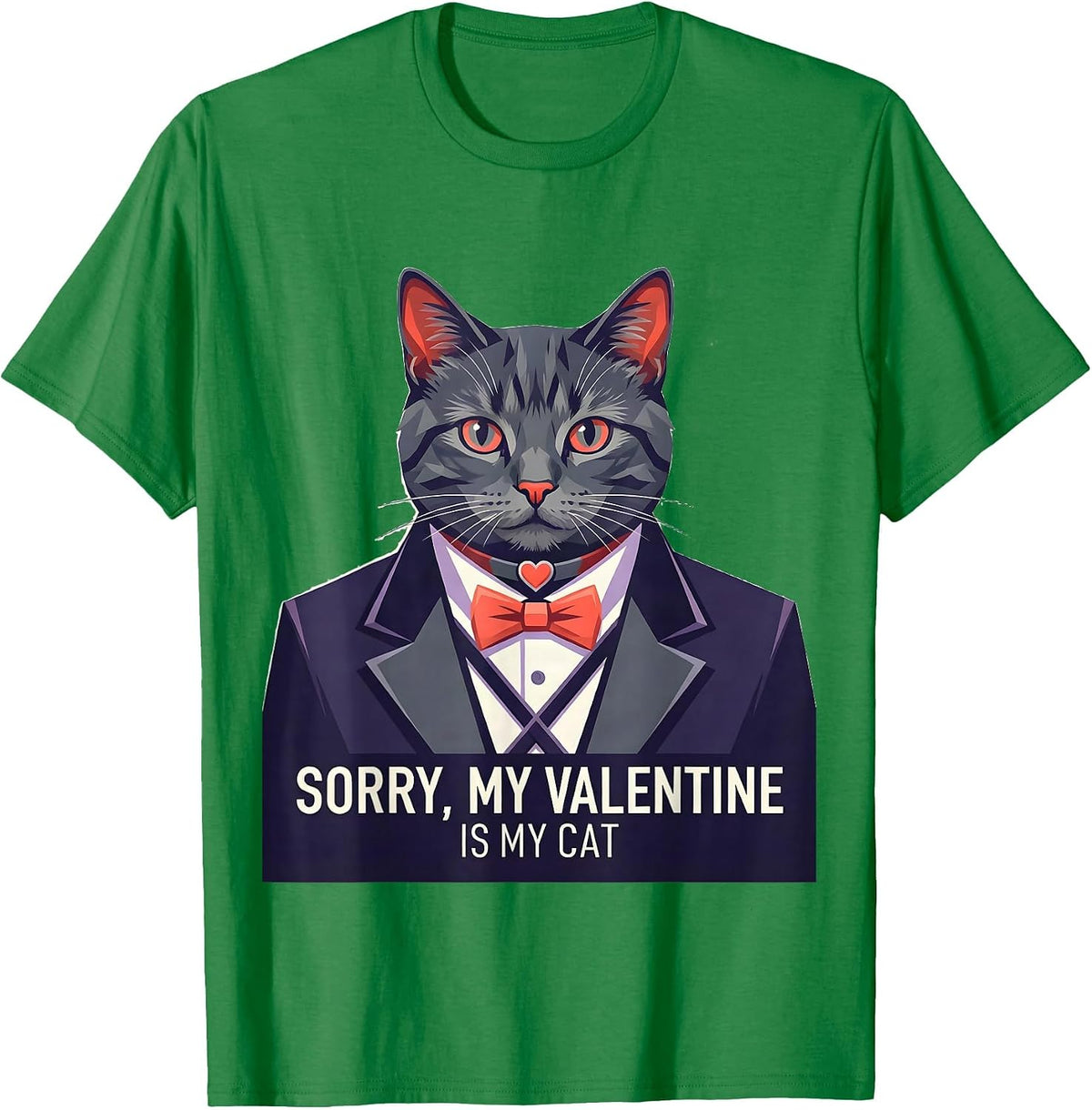 Men's Sorry, My Valentine Is My Cat Funny Tuxedo Bow Tie Costume T-Shirt - Kelly Green