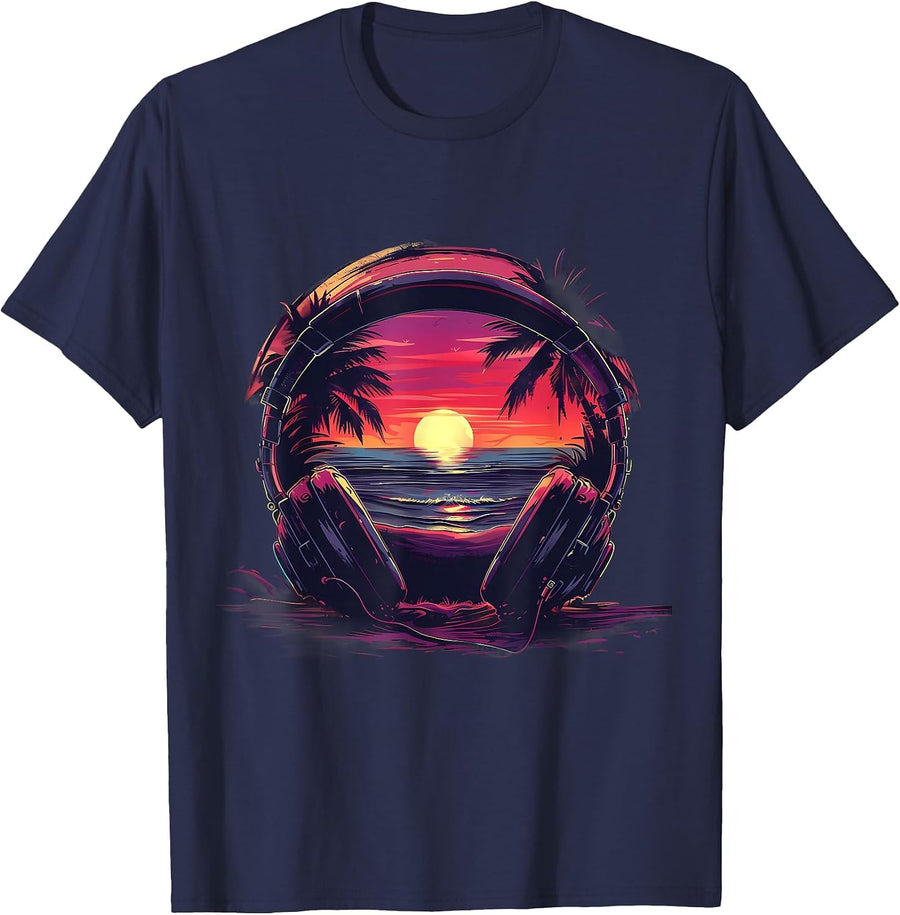 Headphones Music DJ House Music Sunset Artwork Beatmaker T-Shirt - Navy Blue
