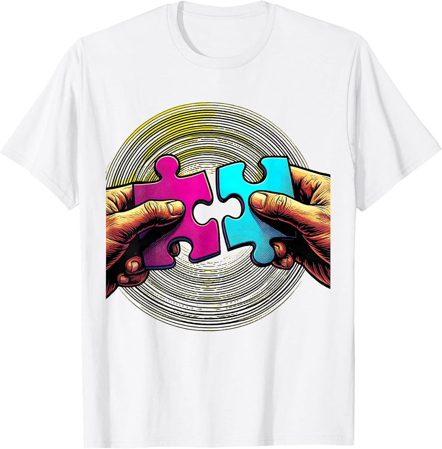 Men's Autism Awareness Puzzle Pieces Connecting Hands T-Shirt - White