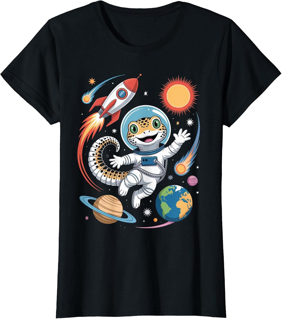 Lizards Reptile Animal Planets Astronaut Leopard Gecko T-Shirt - Black