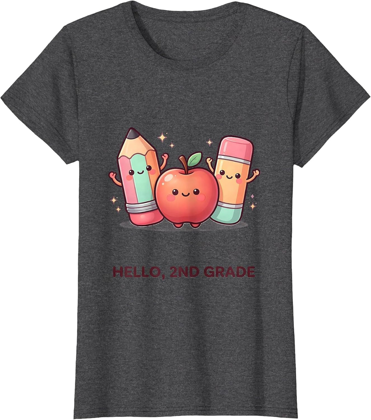 Women's Hello, 2nd Grade Cute Kawaii School Supplies Back To School T-Shirt - Dark Heather Grey