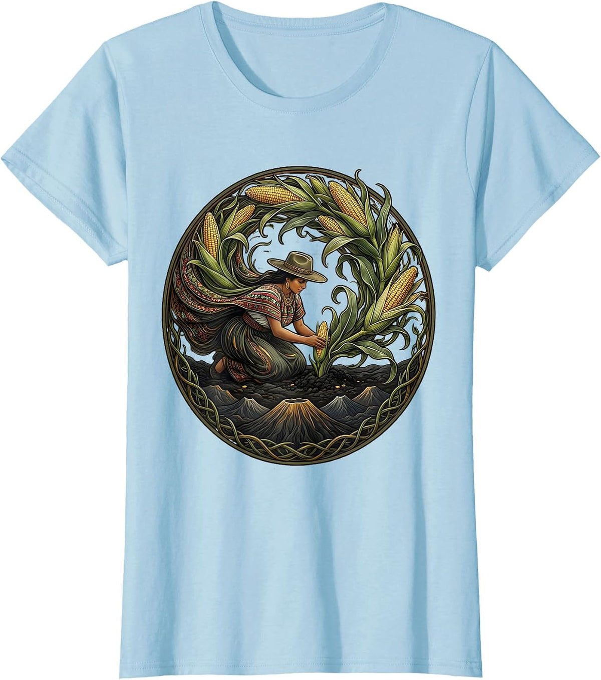 El Salvador Corn Farmer Volcanic Soil Illustration T-Shirt - Baby Blue