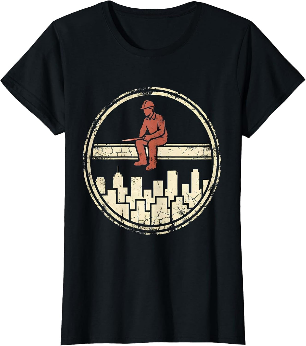Ironworker on Beam Above City Skyline T-Shirt - Black
