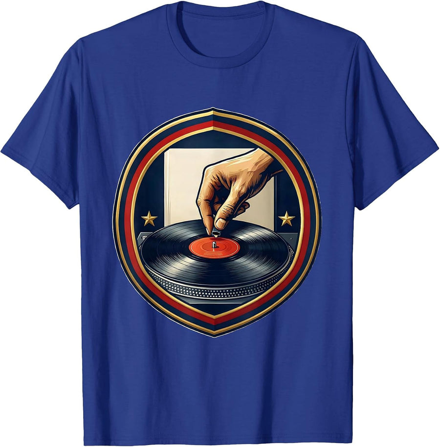 Record Turntable Shield Badge Vinyl Collector Retro Music T-Shirt - Royal Blue