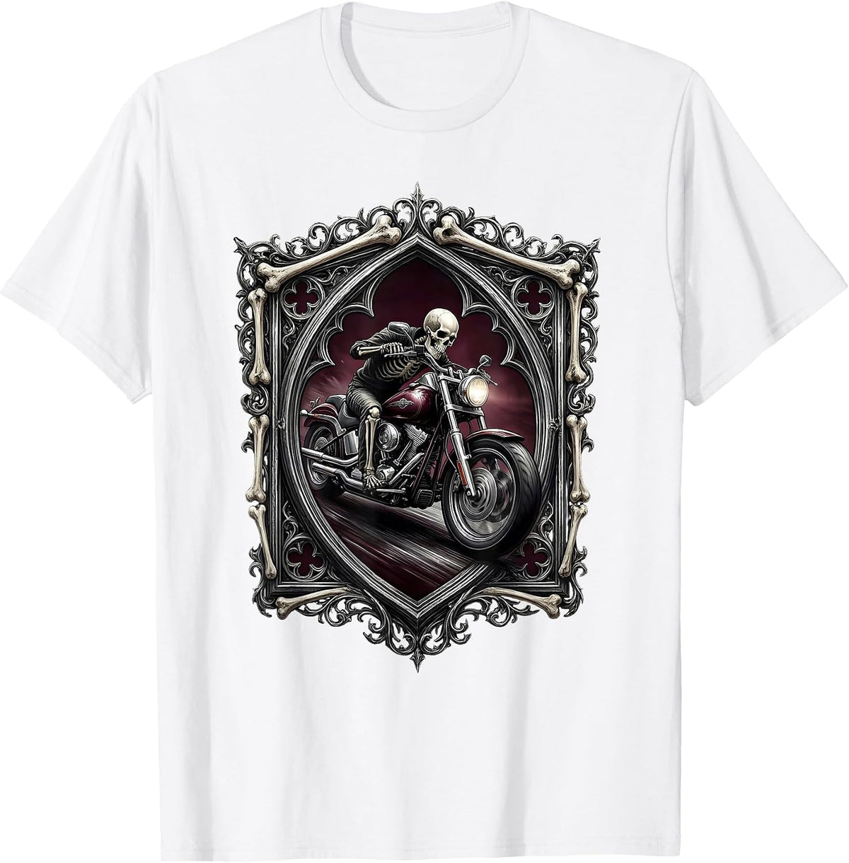 Men's Skeleton Biker Leaning Into Curve Motorcycle Art T-Shirt - White