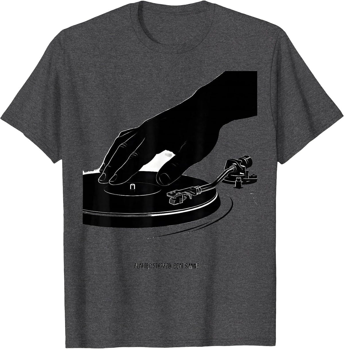 Men's Platter Stopped Beat's Mine Vinyl Record Collector DJ Humor T-Shirt - Dark Heather Grey