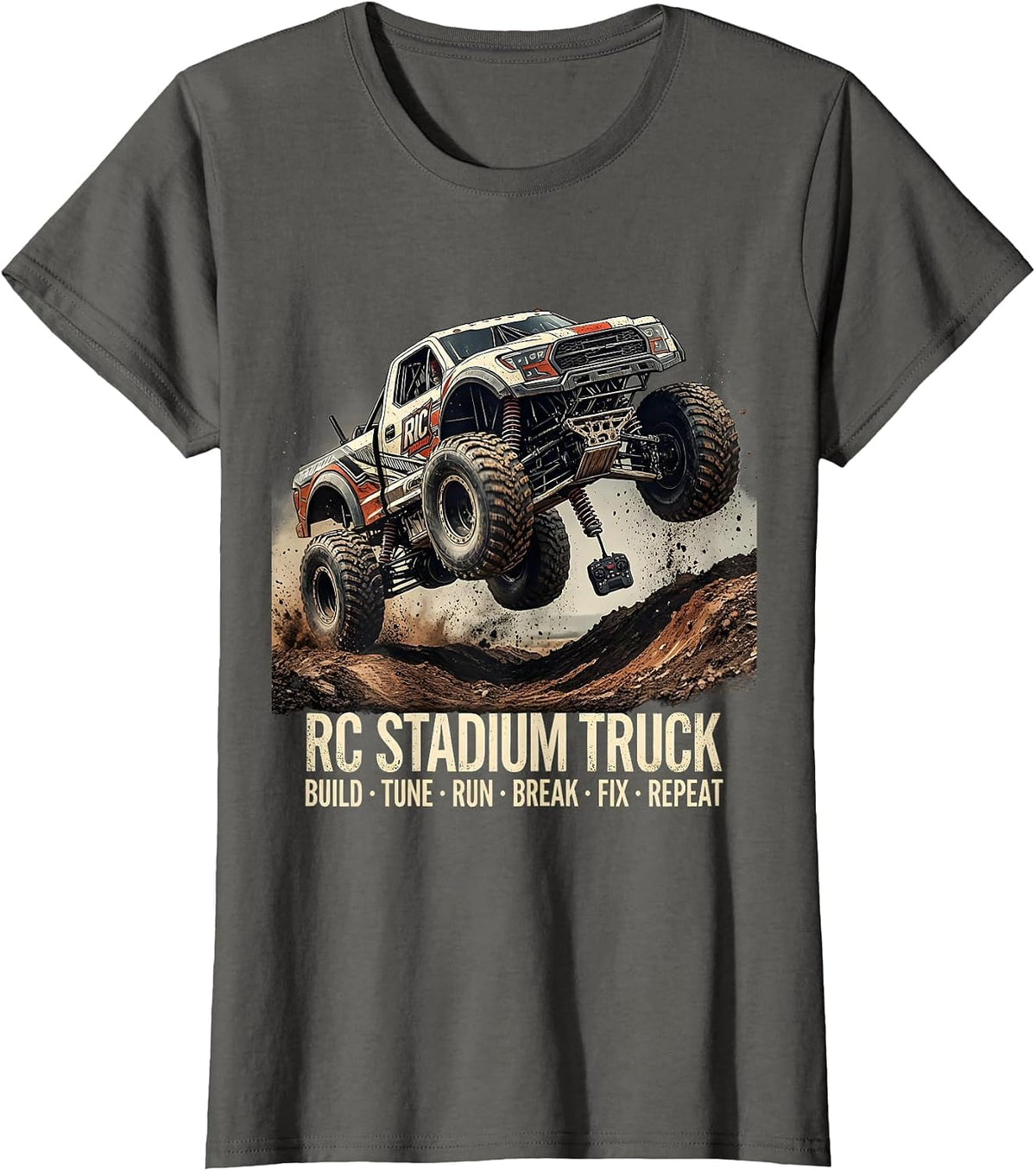 Women's RC Stadium Truck Build Tune Run Break Fix Repeat Distressed T-Shirt - Asphalt Grey