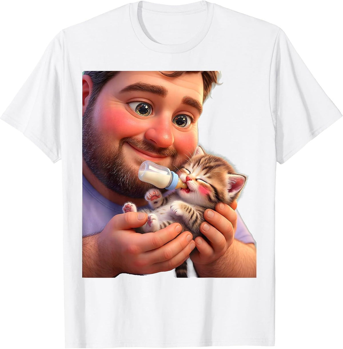 Men's Cat Dad Newborn Kitten Bottle Feeding Illustration T-Shirt - White