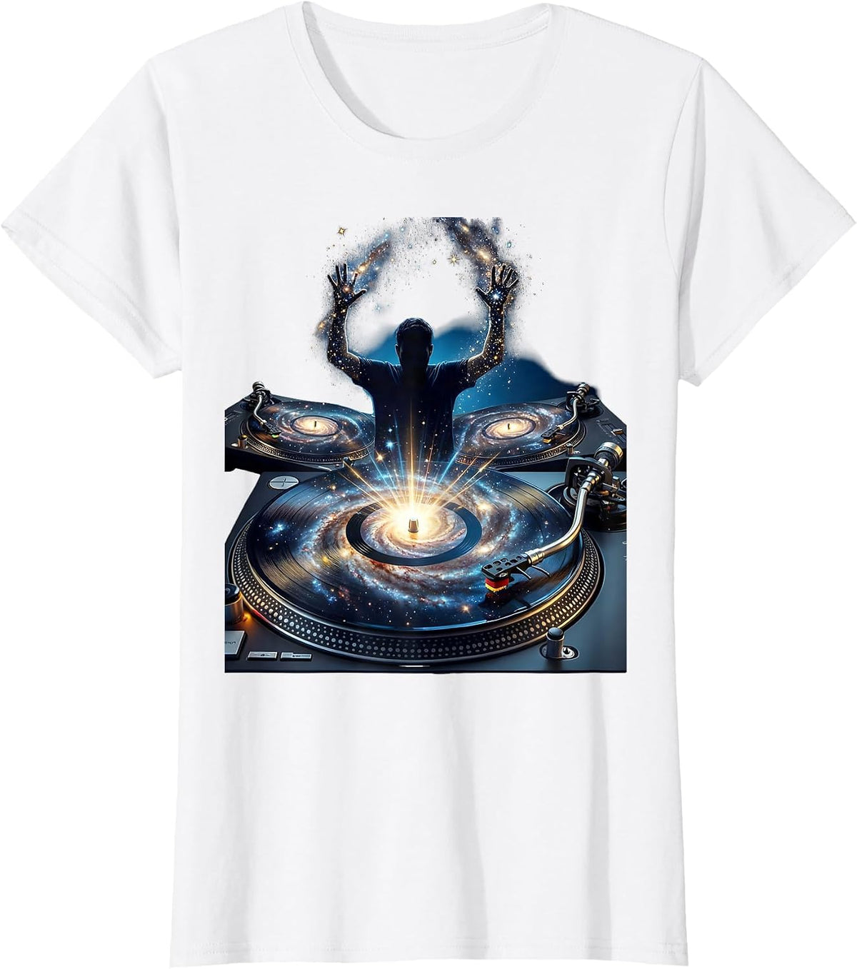 DJ Silhouette Glowing Turntables Rave Graphic T-Shirt - White
