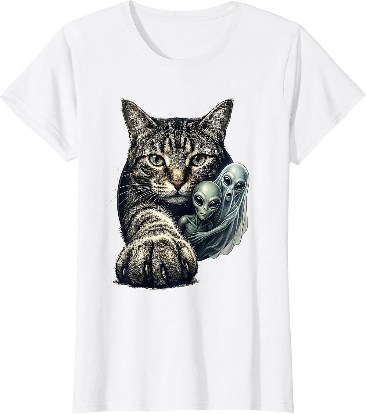 Oversized Cat Selfie Paranormal Alien Ghost Funny Cat Lover T-Shirt - White