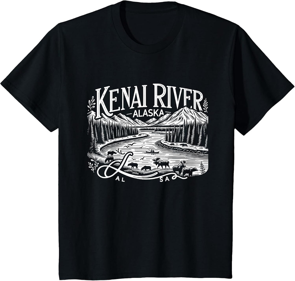Kenai River Alaska AK Salmon Fishing Camping Hiking Retro T-Shirt - Black