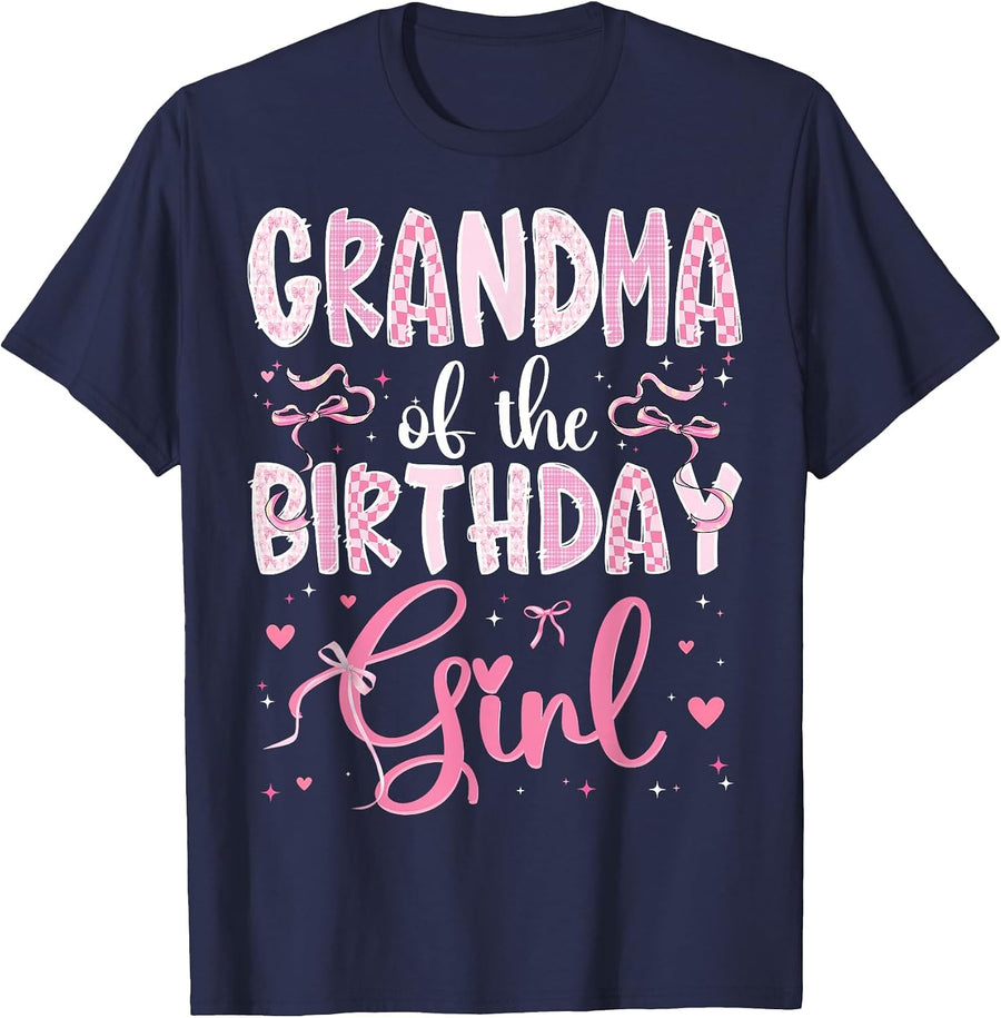 Grandma of The Birthday Girl Matching Pink Coquette Bow T-Shirt - Navy Blue