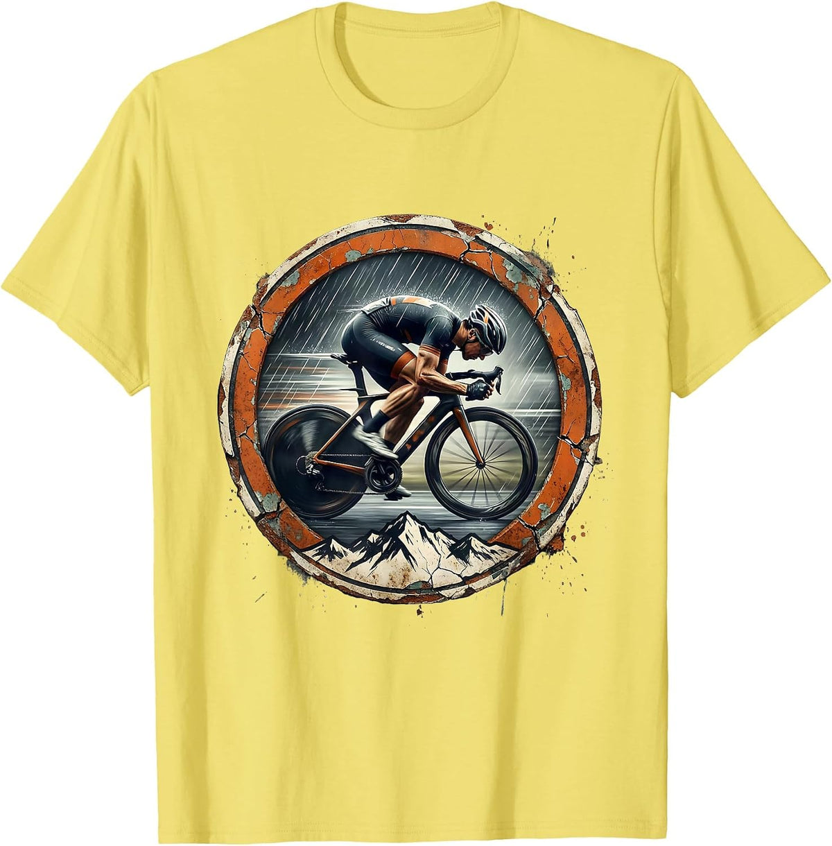 Men's Cyclist Speeding Downhill in the Rain Graphic T-Shirt - Lemon Yellow