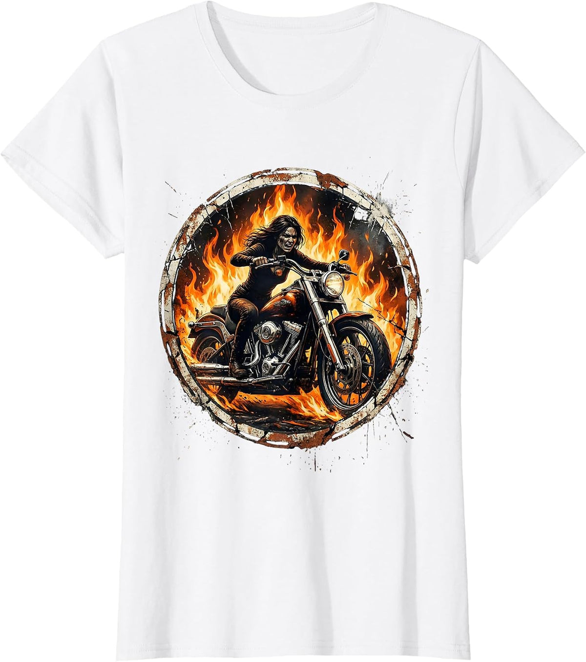 Motorcycle Rider Blazing Through Flames Graphic T-Shirt - White