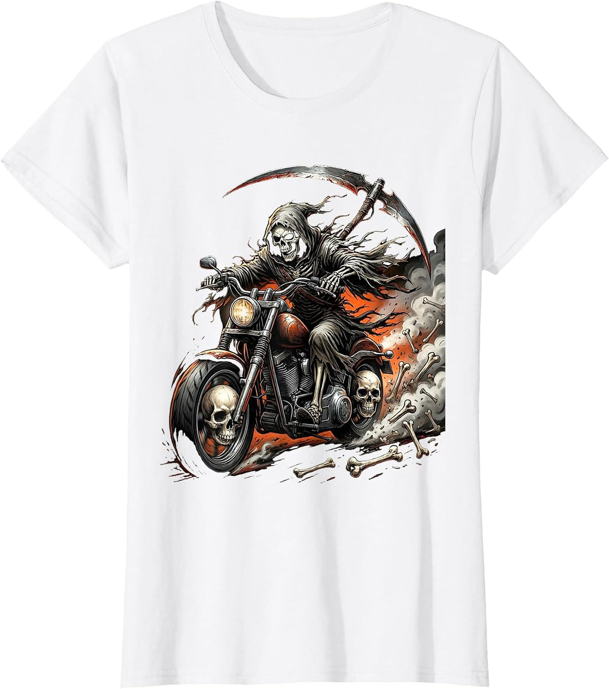 Grim Reaper Motorcycle Rider Halloween Graphic T-Shirt - White