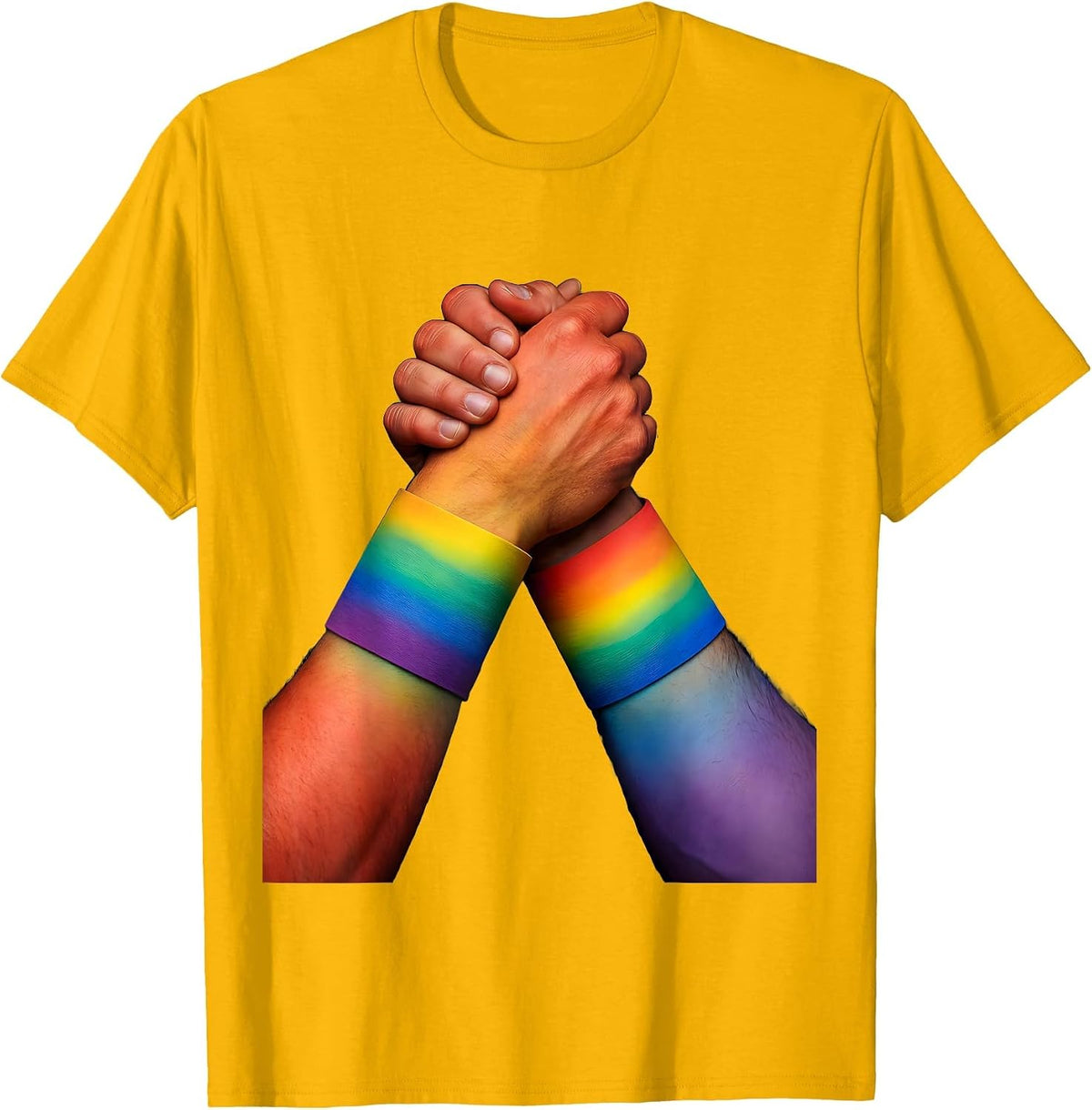 Rainbow Wristband Clasped Hands Pride Graphic T-Shirt - Golden Yellow