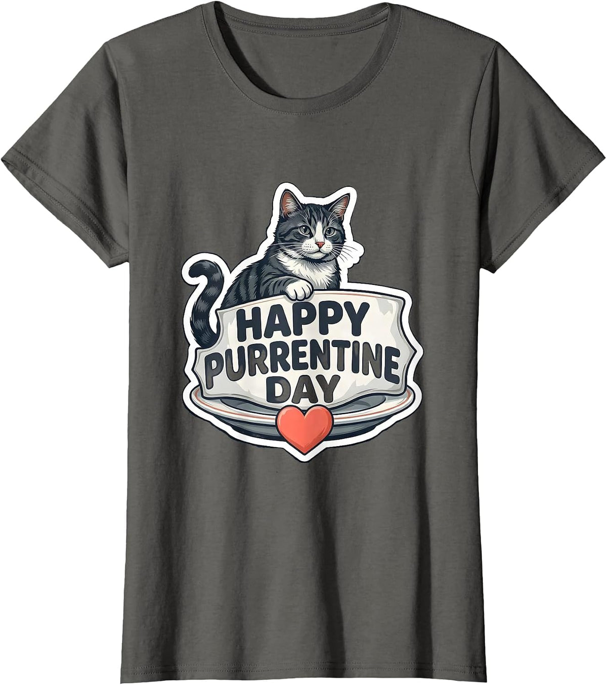 Women's Happy Purrentine Day Cute Tuxedo Cat Valentine Gift T-Shirt - Asphalt Grey