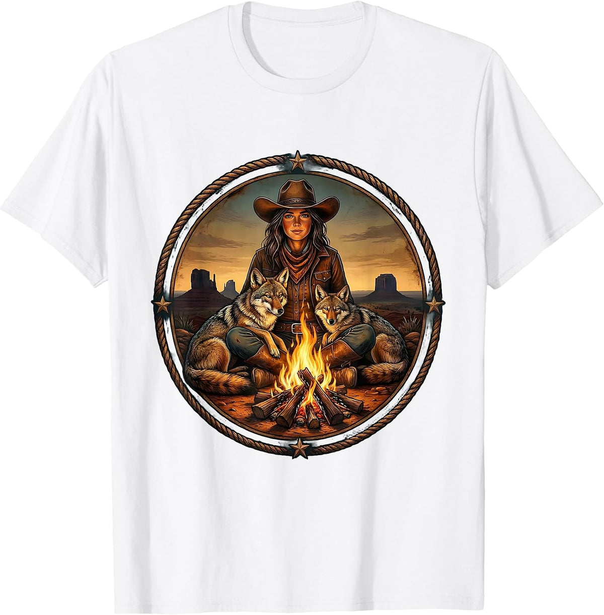 Men's Cowgirl Campfire Coyote Western Night Scene T-Shirt - White