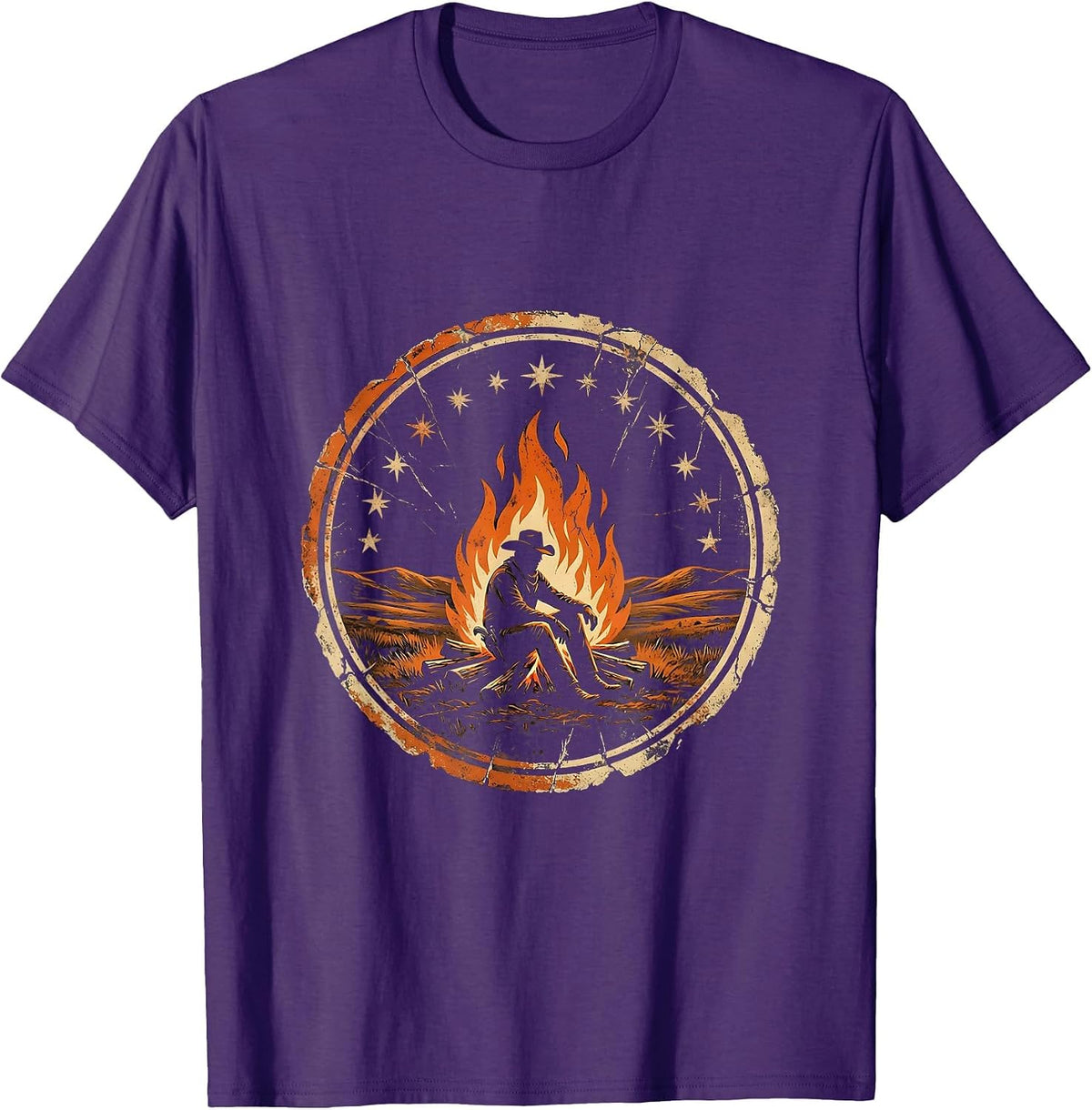 Cowboy Campfire Starry Night Sky Graphic Tee T-Shirt - Purple
