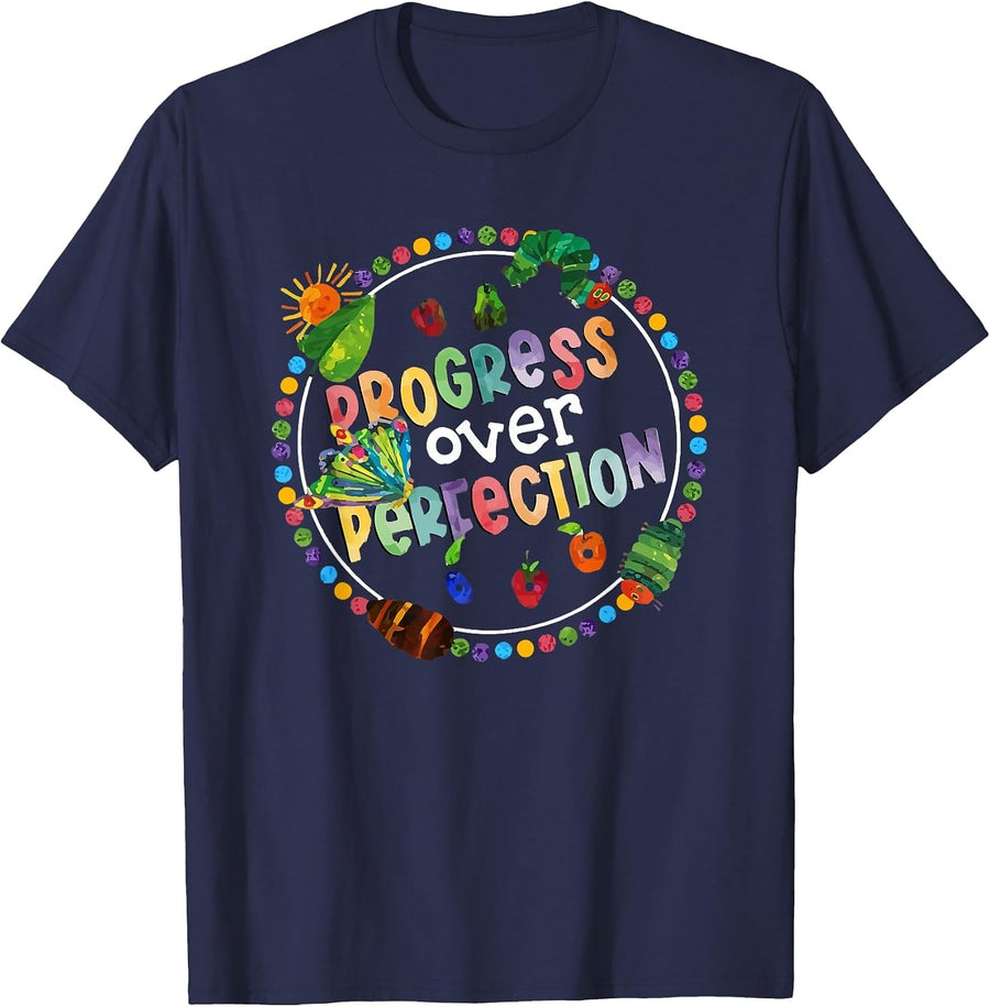 Progress Over Perfection Caterpillar Back to School Teacher T-Shirt - Navy Blue