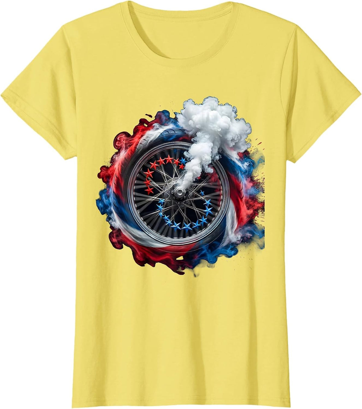 Women's Stars and Stripes Motorcycle Wheel Graphic T-Shirt - Lemon Yellow