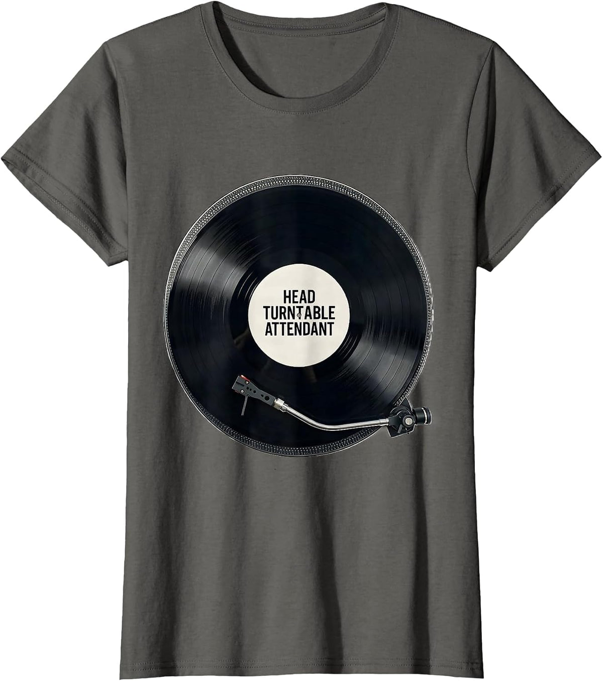 Women's Head Turntable Attendant Minimalist Vinyl Record Collector T-Shirt - Asphalt Grey