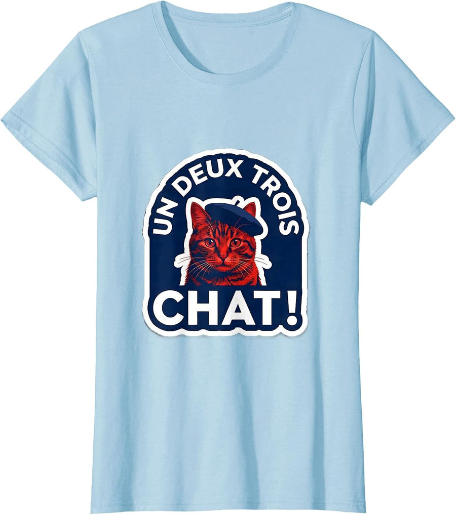 Women's Un Deux Trois, Chat! Funny Francophile Cat Lover Gift T-Shirt - Baby Blue