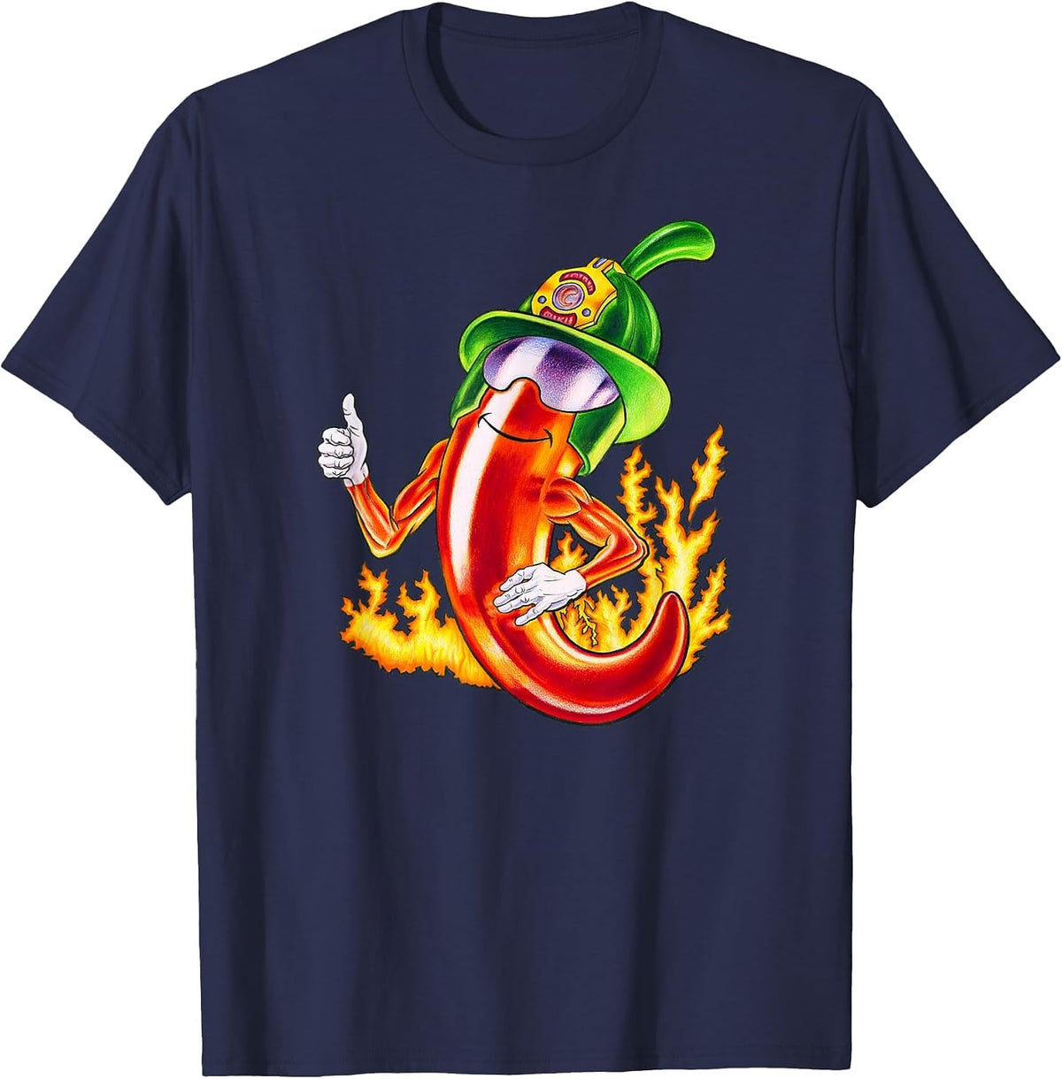Spicy Firefighter Chili Cartoon Funny Fire Hero Drawing T-Shirt - Navy Blue