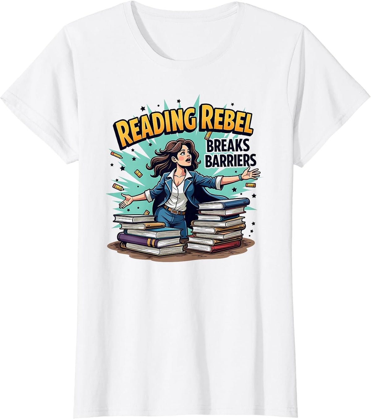 Reading Rebel Breaks Barriers Teacher Design T-Shirt - White
