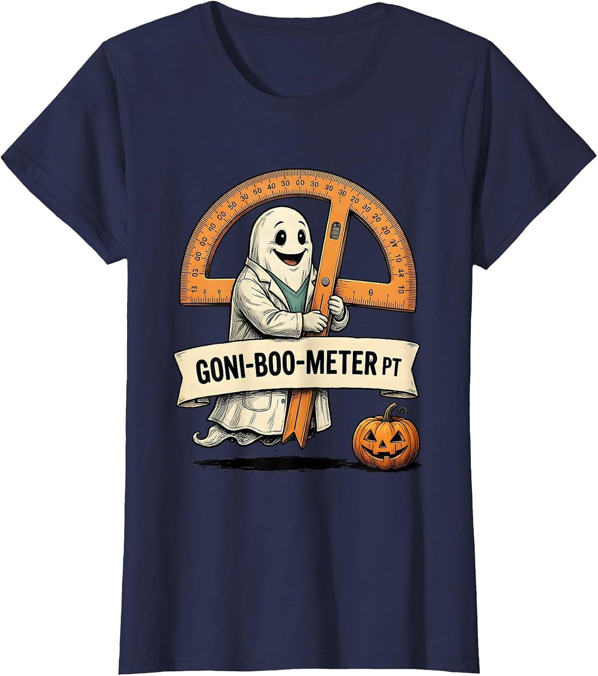 Women's Goni-BOO-meter PT Funny Physical Therapy Halloween Ghost T-Shirt - Navy Blue