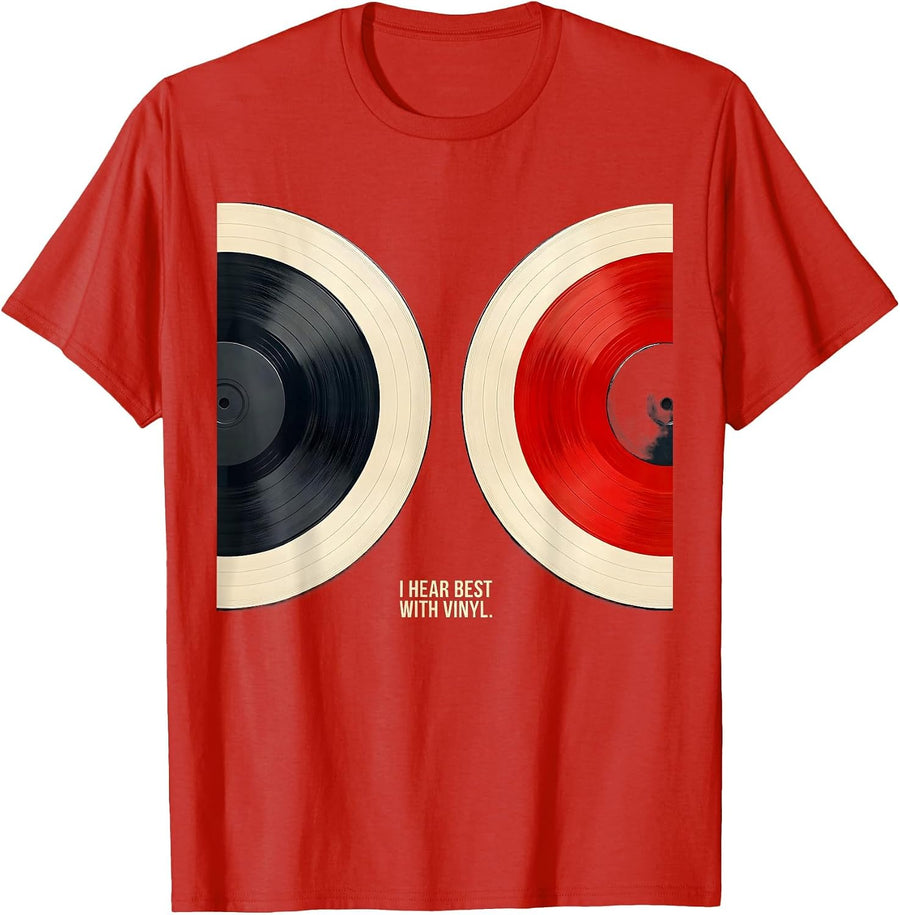 Men's I Hear Best With Vinyl Retro Vinyl Record Collector DJ Music T-Shirt - Red