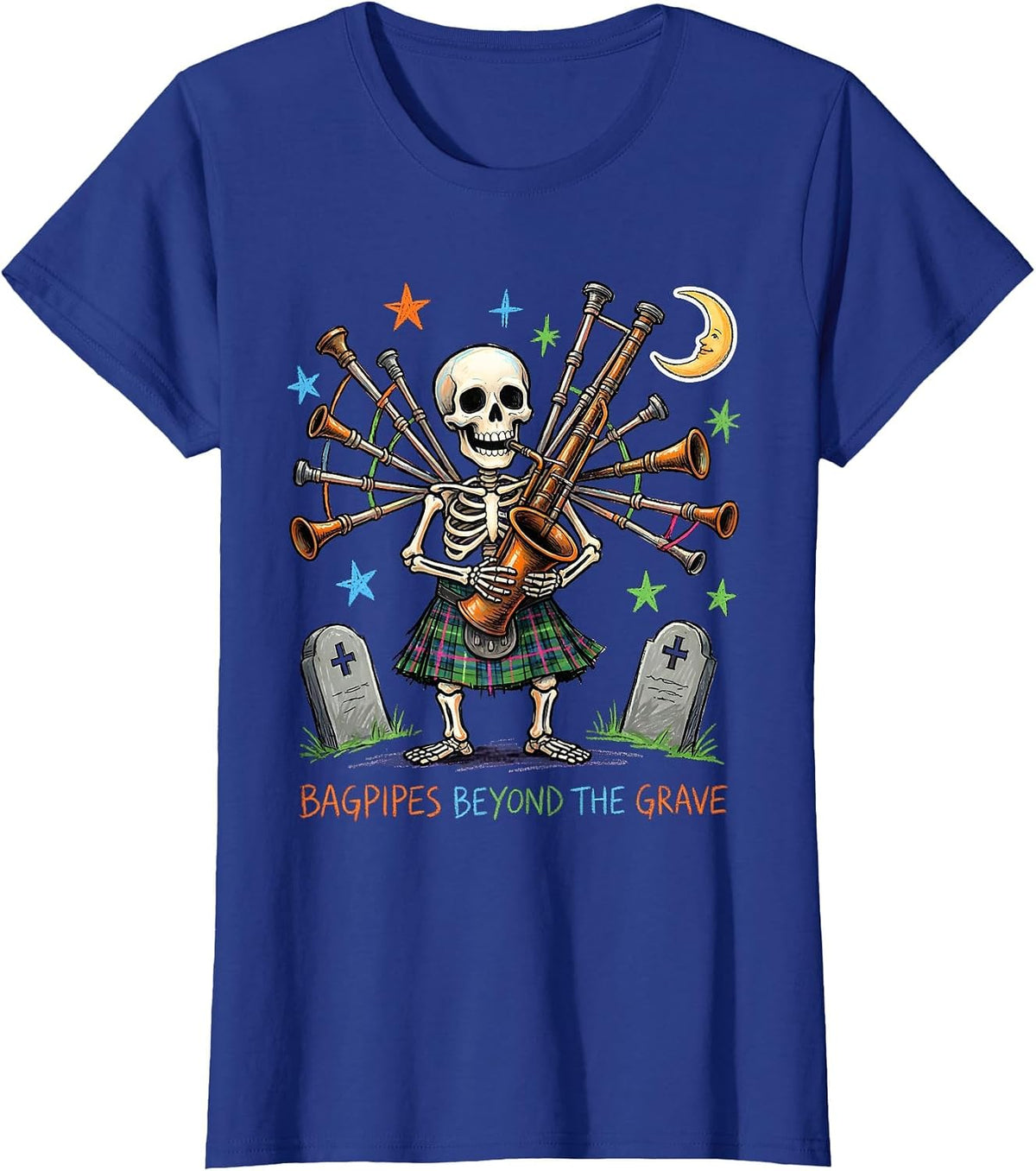 Women's Halloween Skeleton Bagpiper Scottish Design T-Shirt - Royal Blue