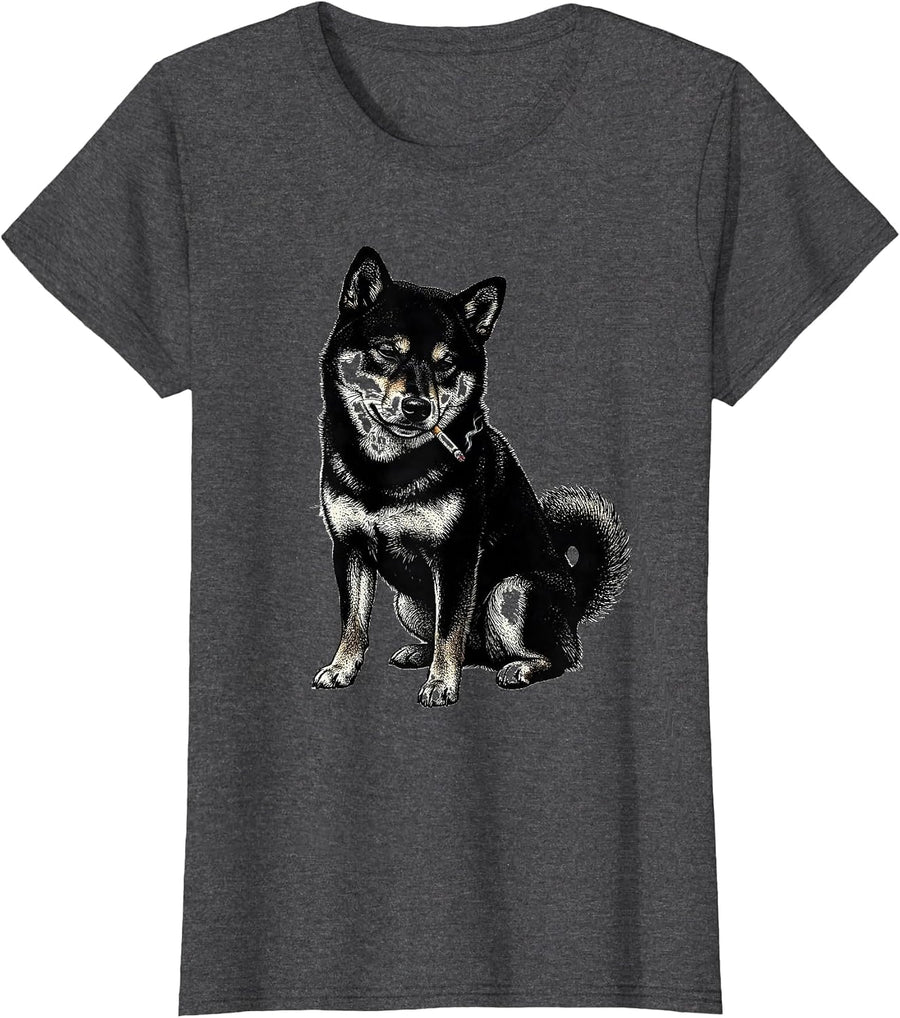 Women's Slouched Shiba Inu Blackwork Dotwork Smoking Dog Meme T-Shirt - Dark Heather Grey