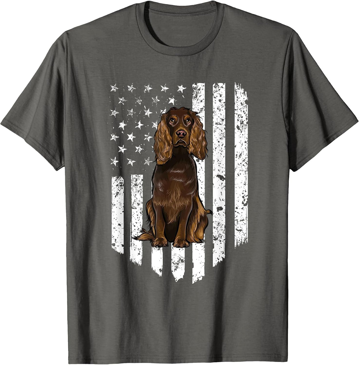 Black White American Flag Boykin Spaniel 4th of July USA T-Shirt - Asphalt Grey