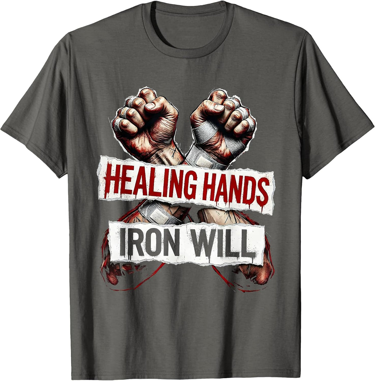 Healing Hands Iron Will CNA Nurse Design T-Shirt - Asphalt Grey