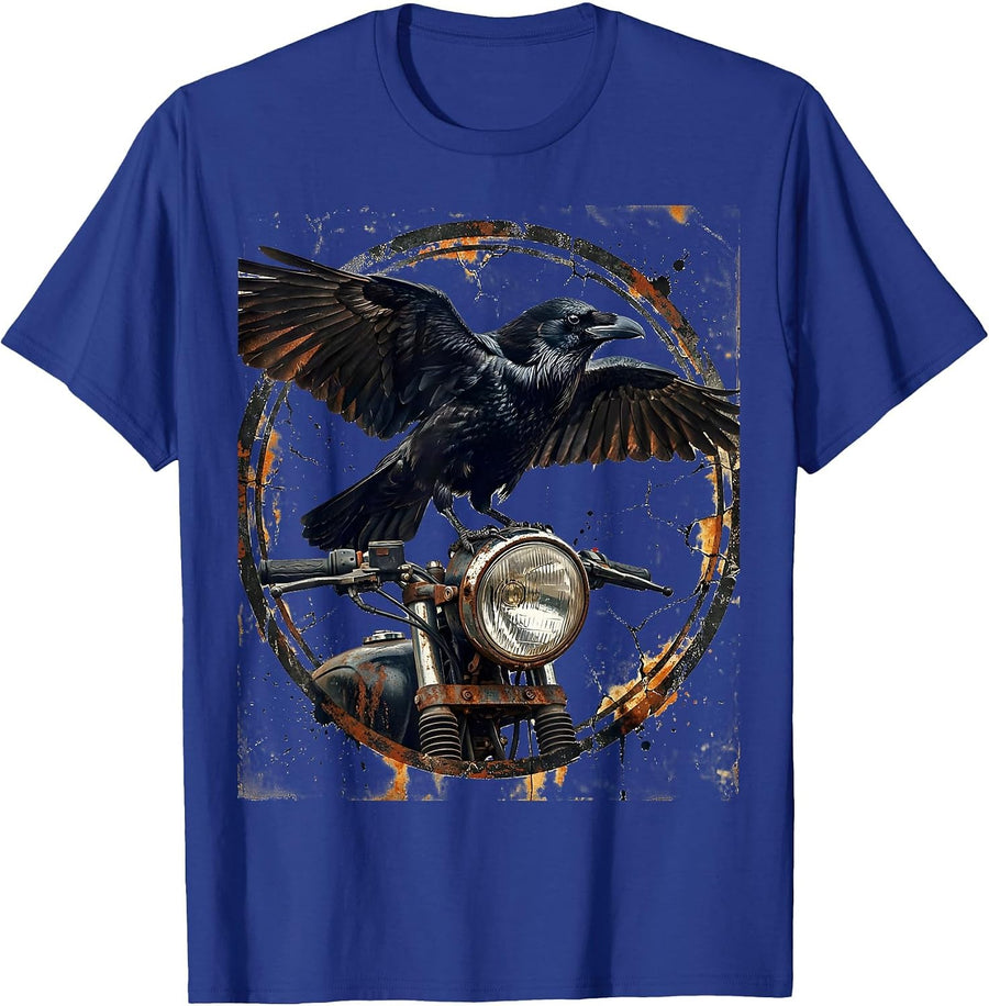 Raven on Rusted Motorcycle Headlight Graphic T-Shirt - Royal Blue