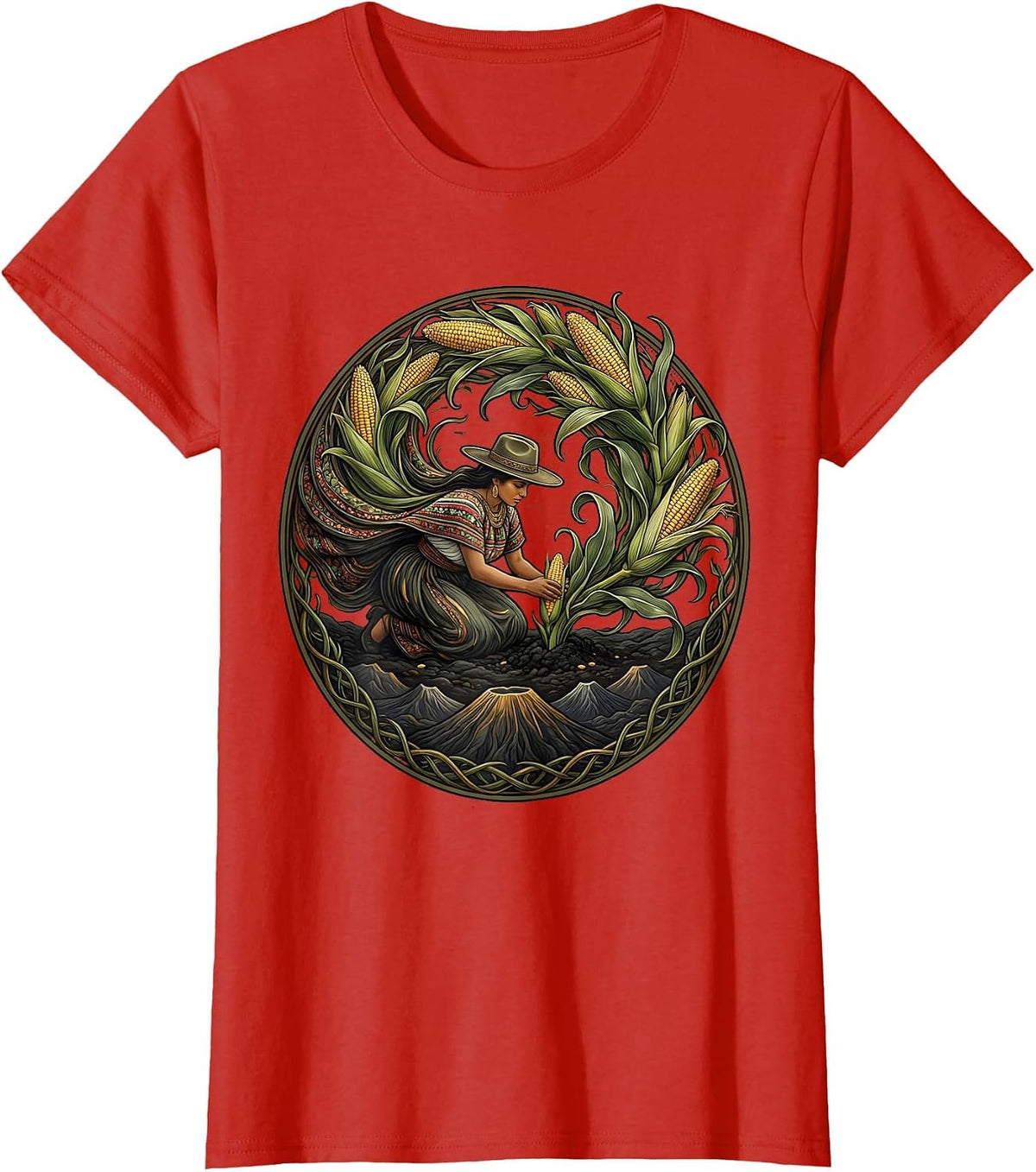 El Salvador Corn Farmer Volcanic Soil Illustration T-Shirt - Red