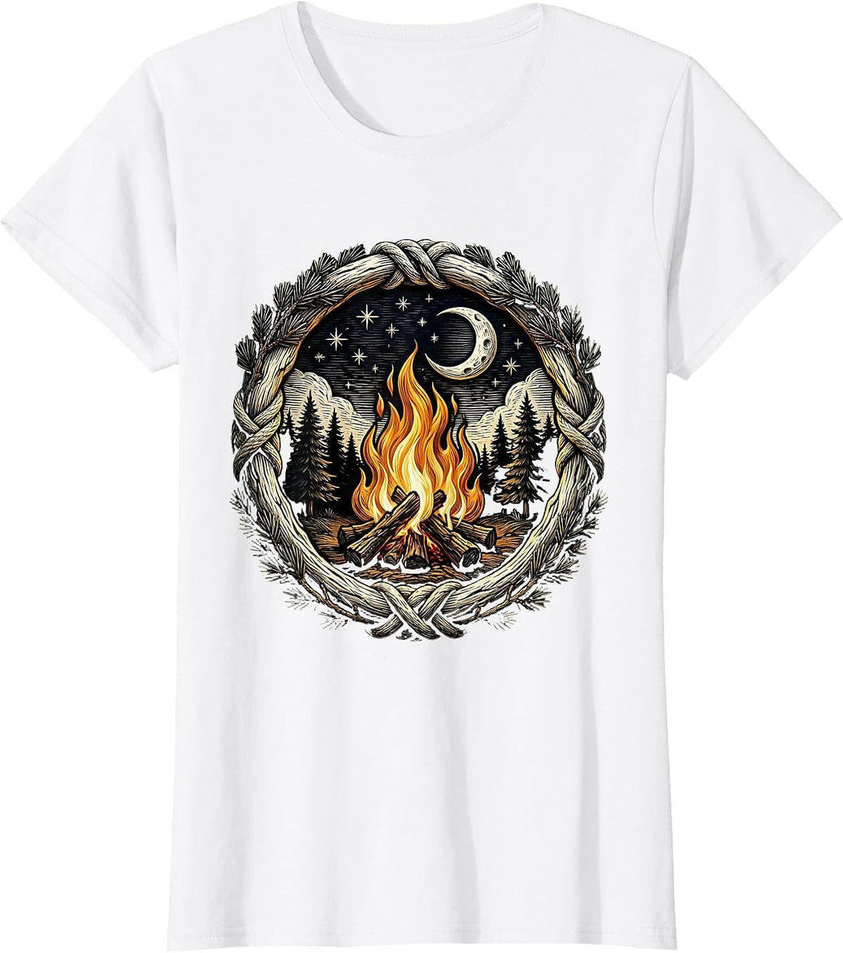Women's Vintage Campfire Starry Night Outdoor Design T-Shirt - White