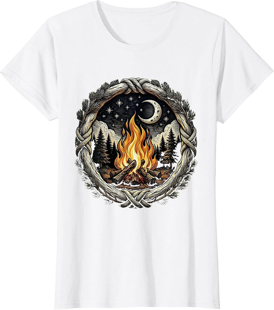 Women's Vintage Campfire Starry Night Outdoor Design T-Shirt - White