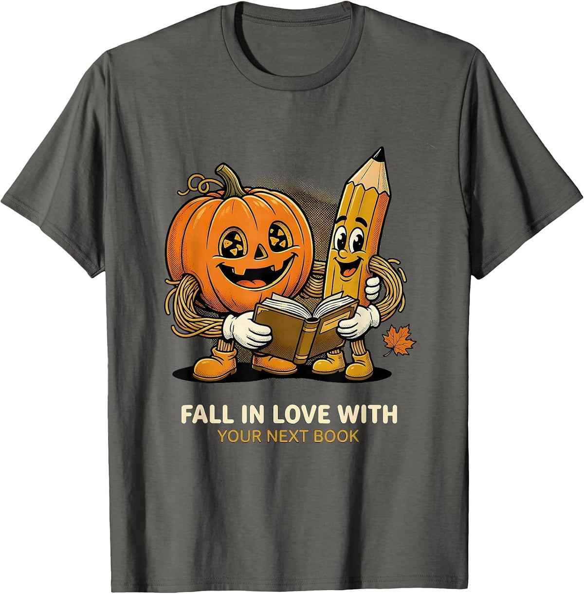 Fall In Love With Your Next Book Retro Cartoon Teacher Book T-Shirt - Asphalt Grey