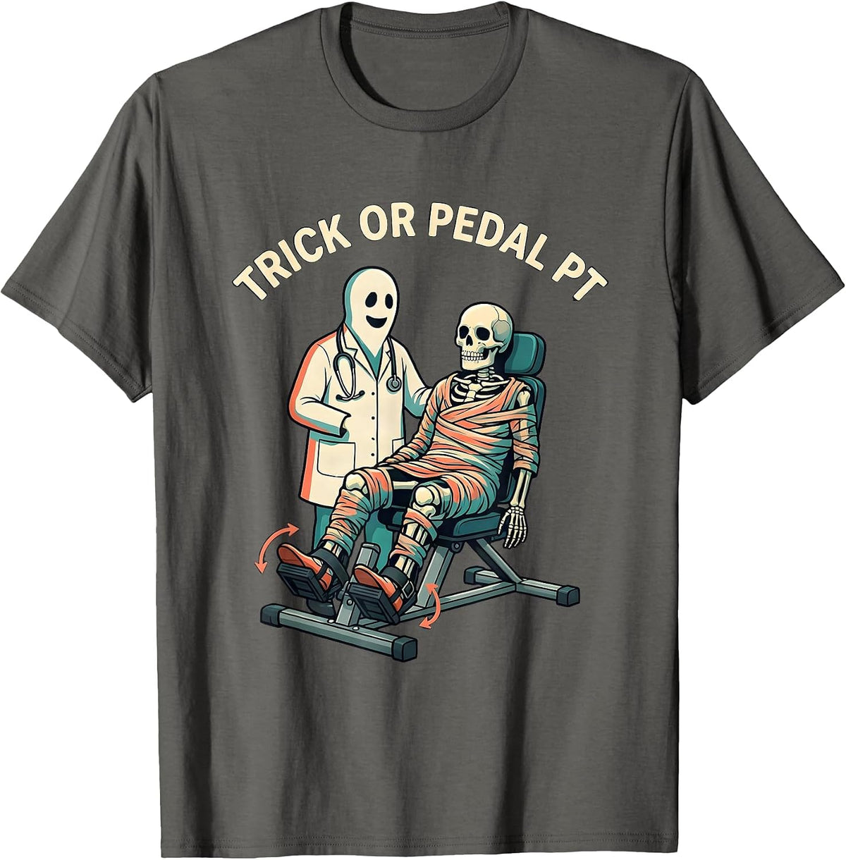 Trick Or Pedal PT Halloween Physical Therapy Therapist Humor T-Shirt - Asphalt Grey