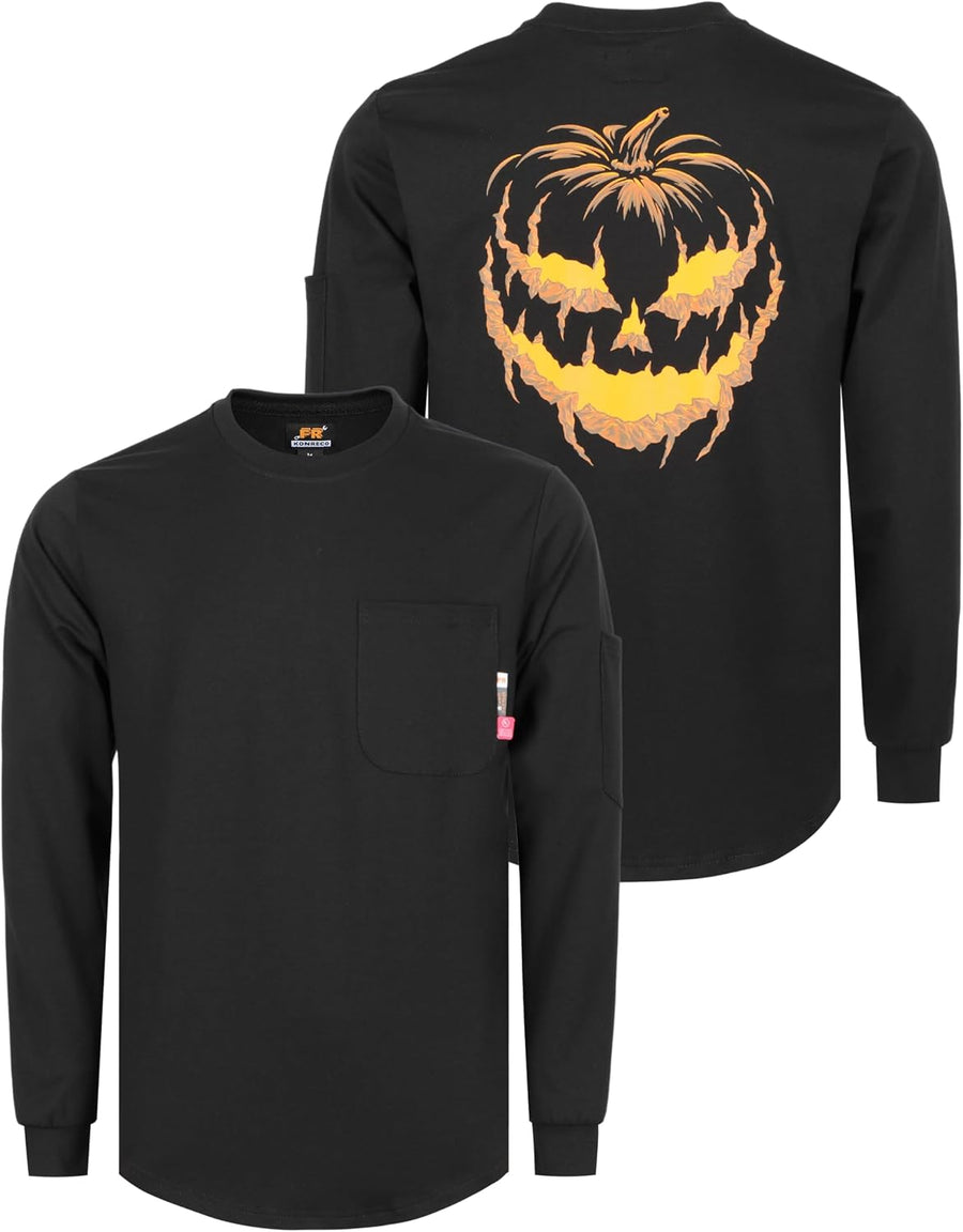 KONRECO FR Shirts for Men Crewneck 6oz 100% Cotton Jersey NFPA2112 CAT2 - Black-halloween Pumpkin