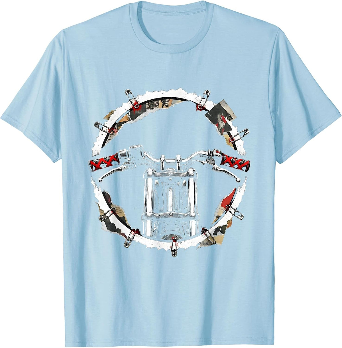 Men's Motorcycle Handlebars Leather Grips Graphic Tee T-Shirt - Baby Blue