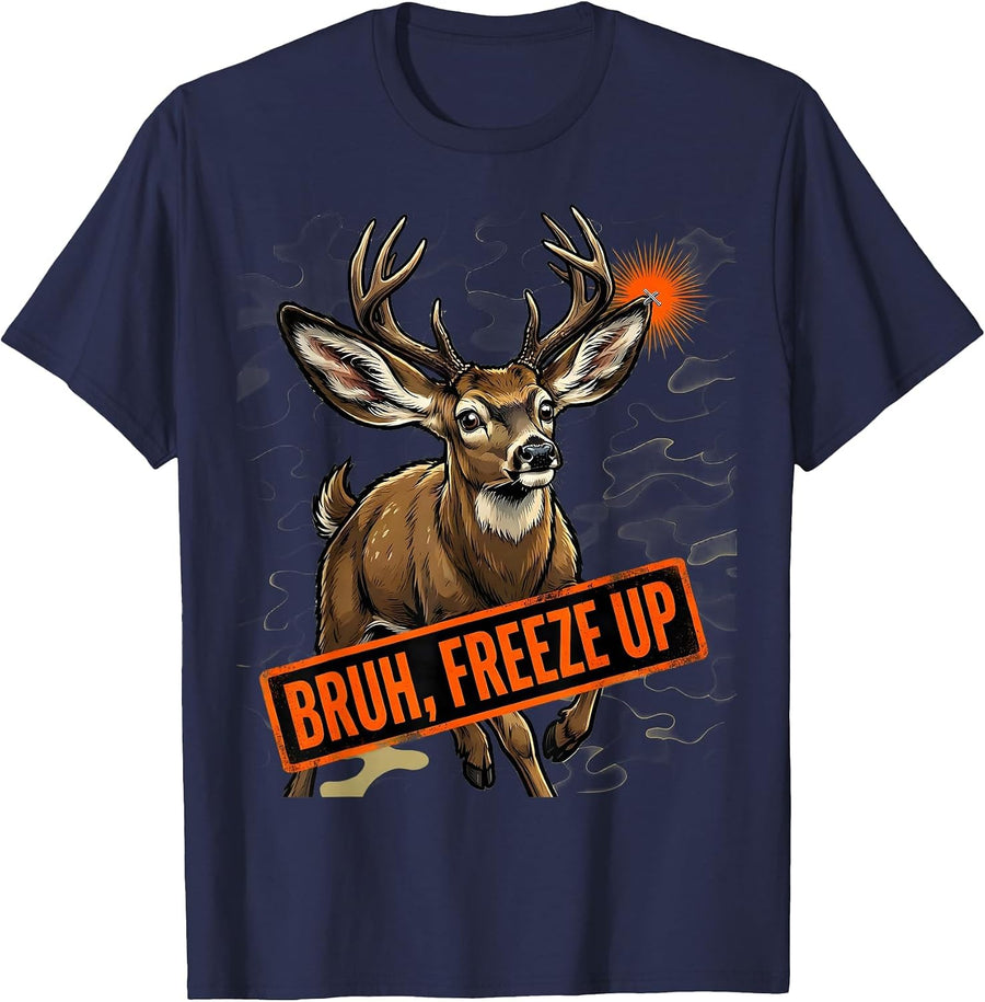 Bruh, Freeze Up Cartoon Deer Hunting Camo Youth Humor T-Shirt - Navy Blue