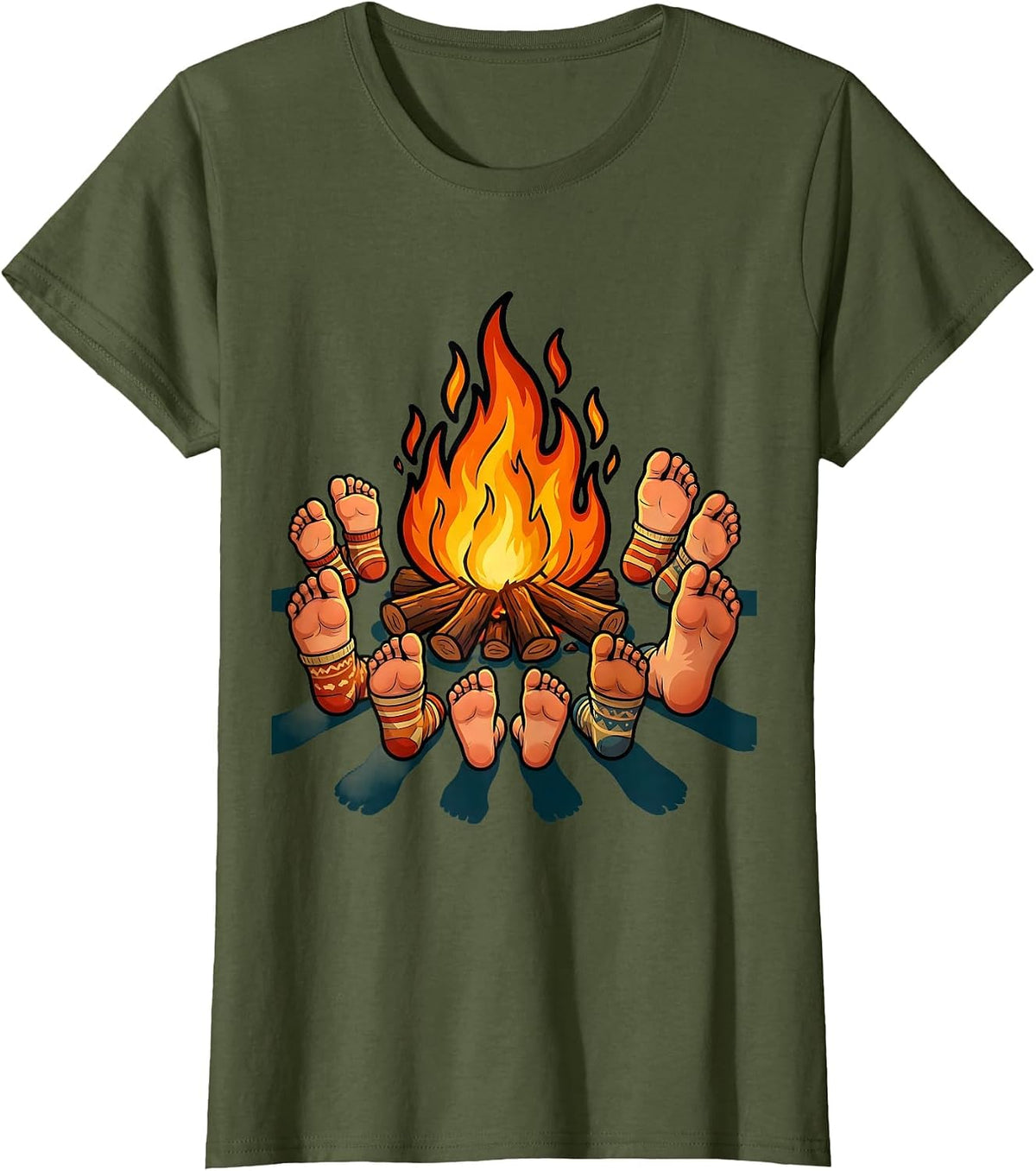 Women's Campfire Gathering Feet Around the Fire Design T-Shirt - Olive Green