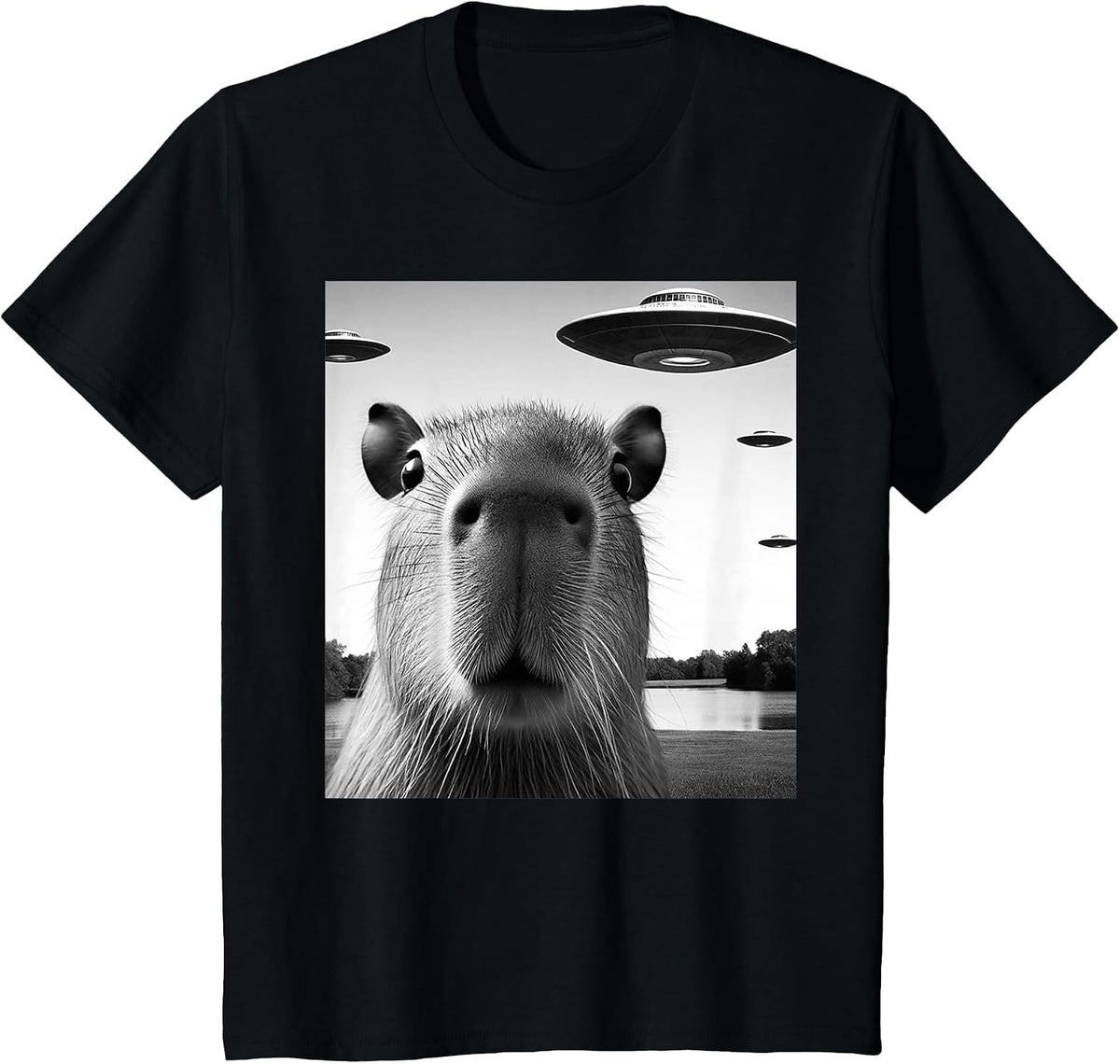 Funny Capybara Selfie with UFOs Weird Graphic T-Shirt - Black