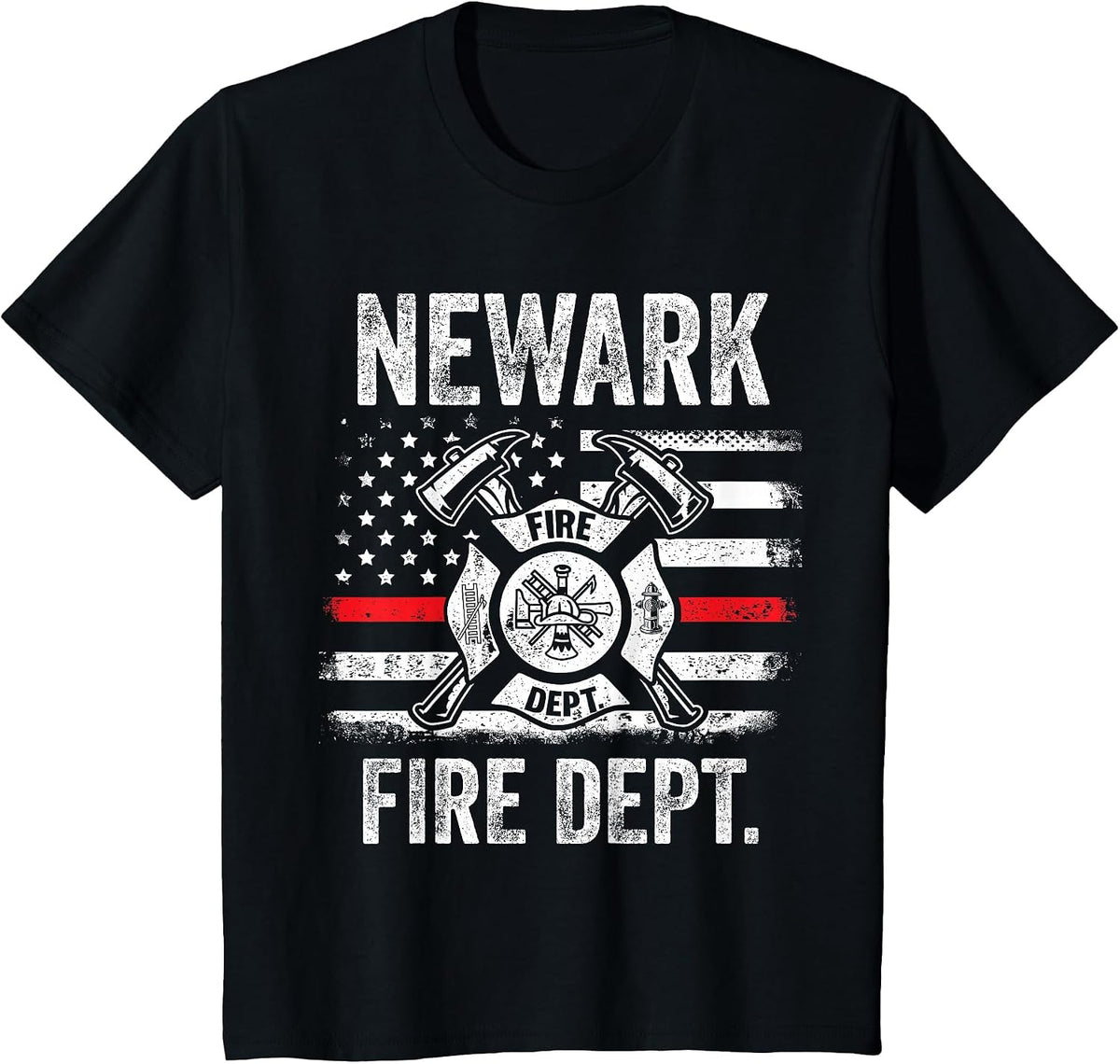 Newark New Jersey Fire Department Thin Red Line Fireman T-Shirt - Black