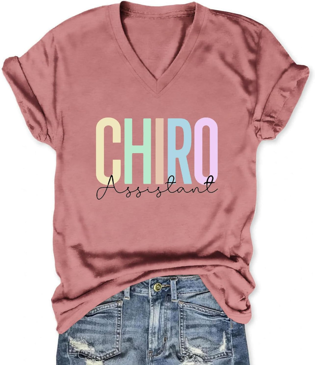 Womens Chiropractic Assistant Tops Short Sleeve V Neck Basic Tees Chiropractor T Shirts Physical Therapy Clothes - Pink
