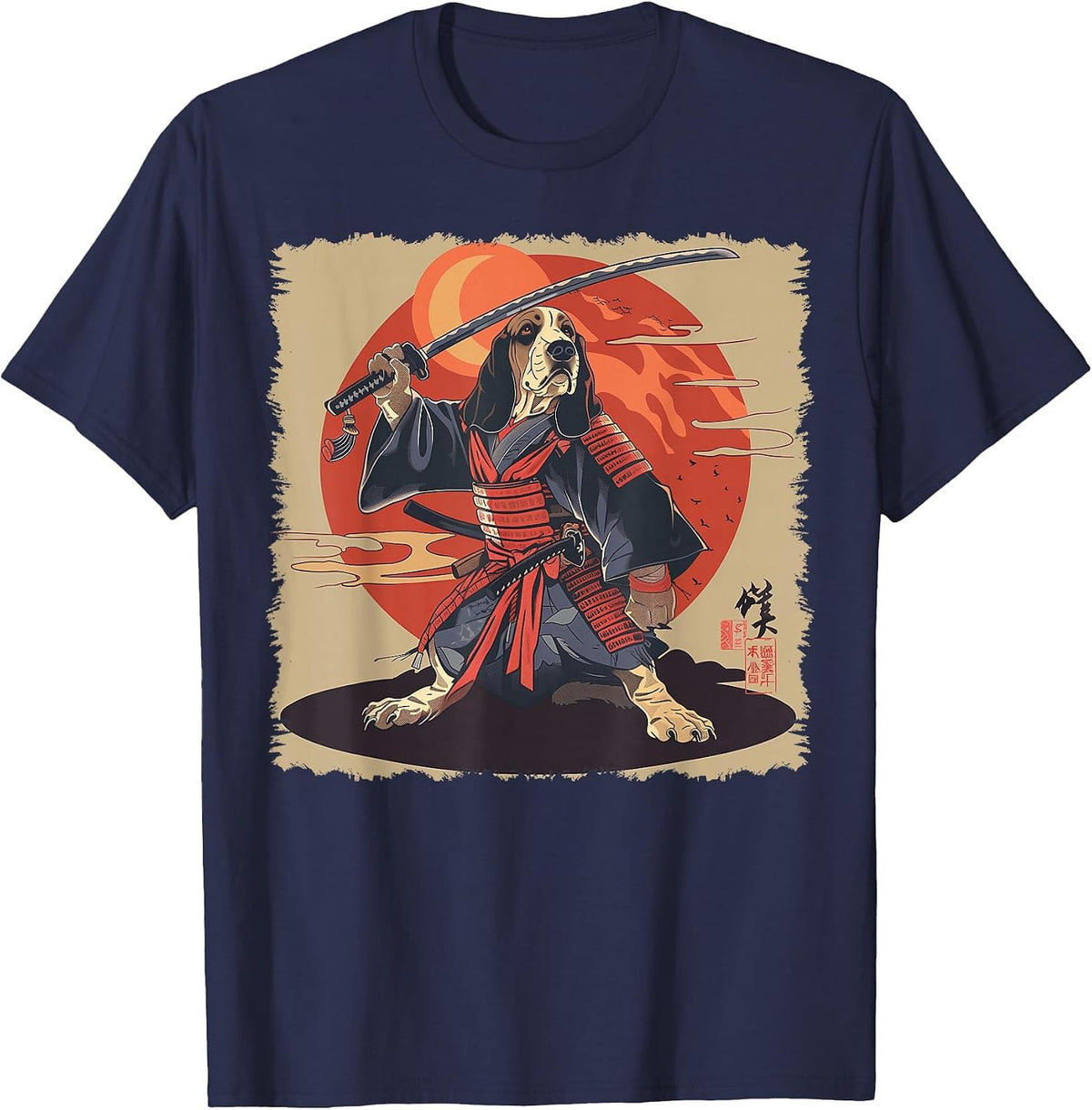 Basset Hound Dog Japanese Art Samurai Ukiyo-e T-Shirt - Navy Blue